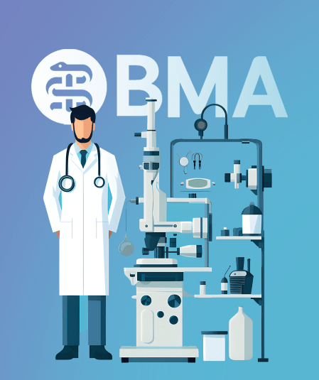 Illustration of a doctor in a white lab coat with a stethoscope around his neck, standing next to a microscope and various lab equipment. The background features the text "BMA" and a snake emblem commonly associated with medical professions.